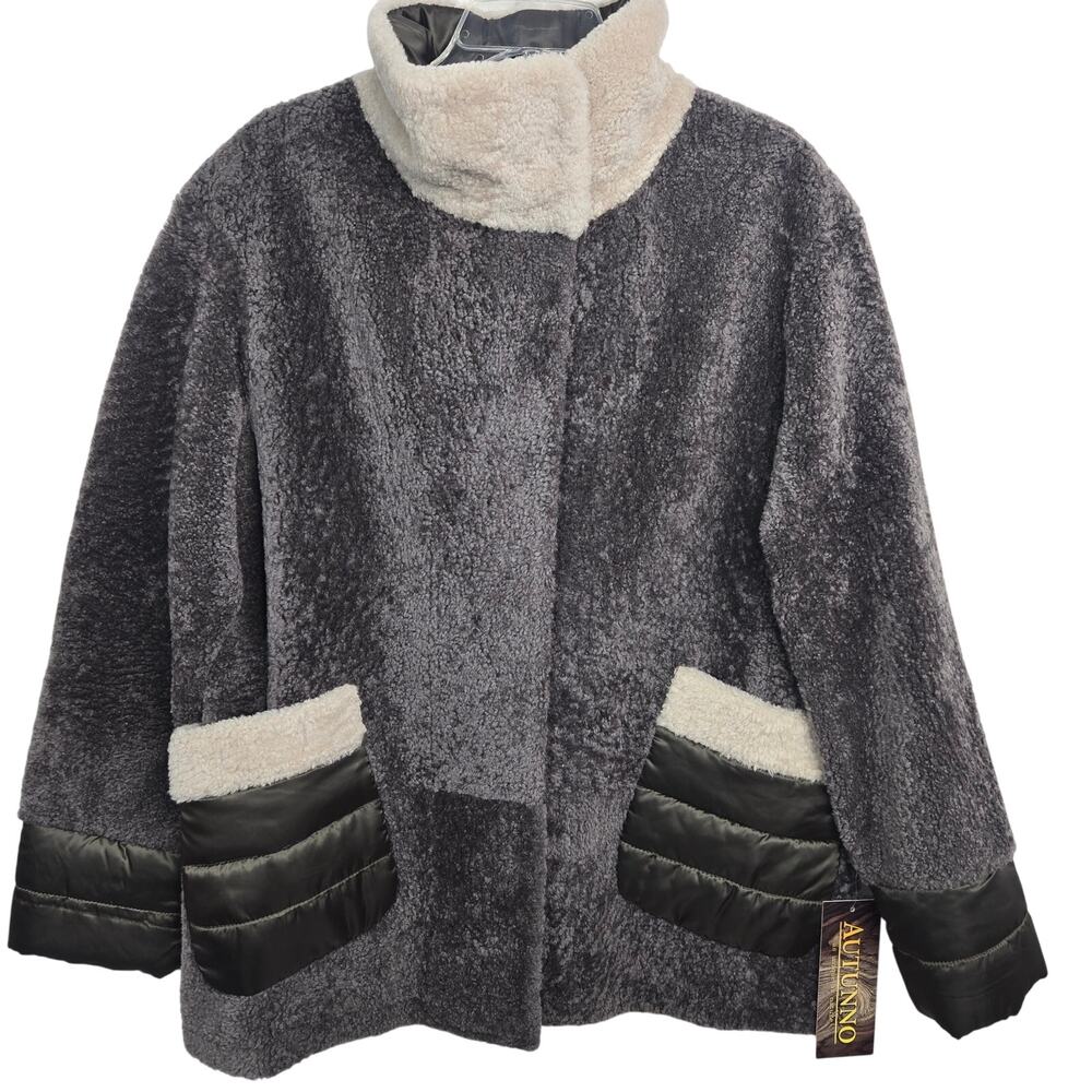 Large Shearling Fur Jacket NEW Atunno Large Brown Gray Ivory Puffer Coat
